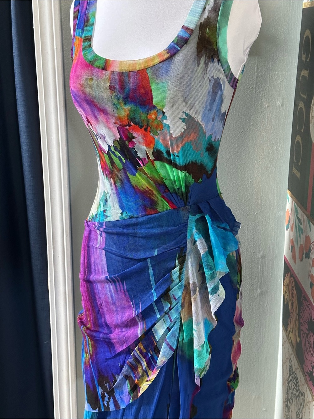 Elana Kattan Dress Watercolor Ruched Mesh Cut Out Bodycon Y2K 90s USA Made Sz XS - Picture 3 of 6